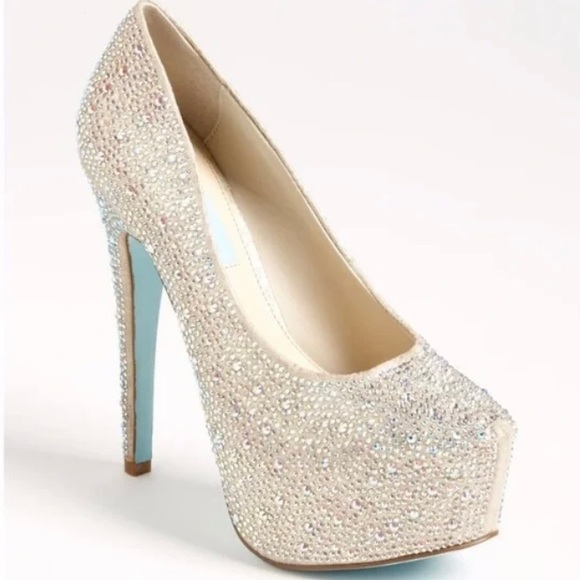 Betsey Johnson Blue WISH Crystals Champagne Platform Wedding Stilettos Size 8.5 - Picture 3 of 16